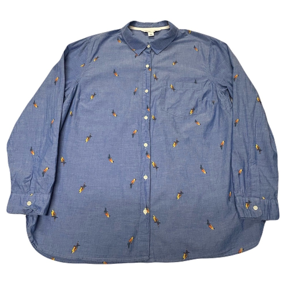 Old Navy Womens Chambray Button Down Shirt XL Cotton Tropical Parrots Resort AOP - Picture 3 of 8